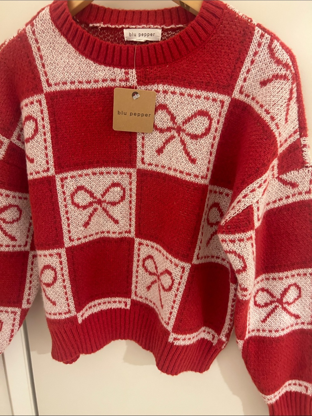 Blu Pepper Red and White Bow-Pattern Crewneck Sweater